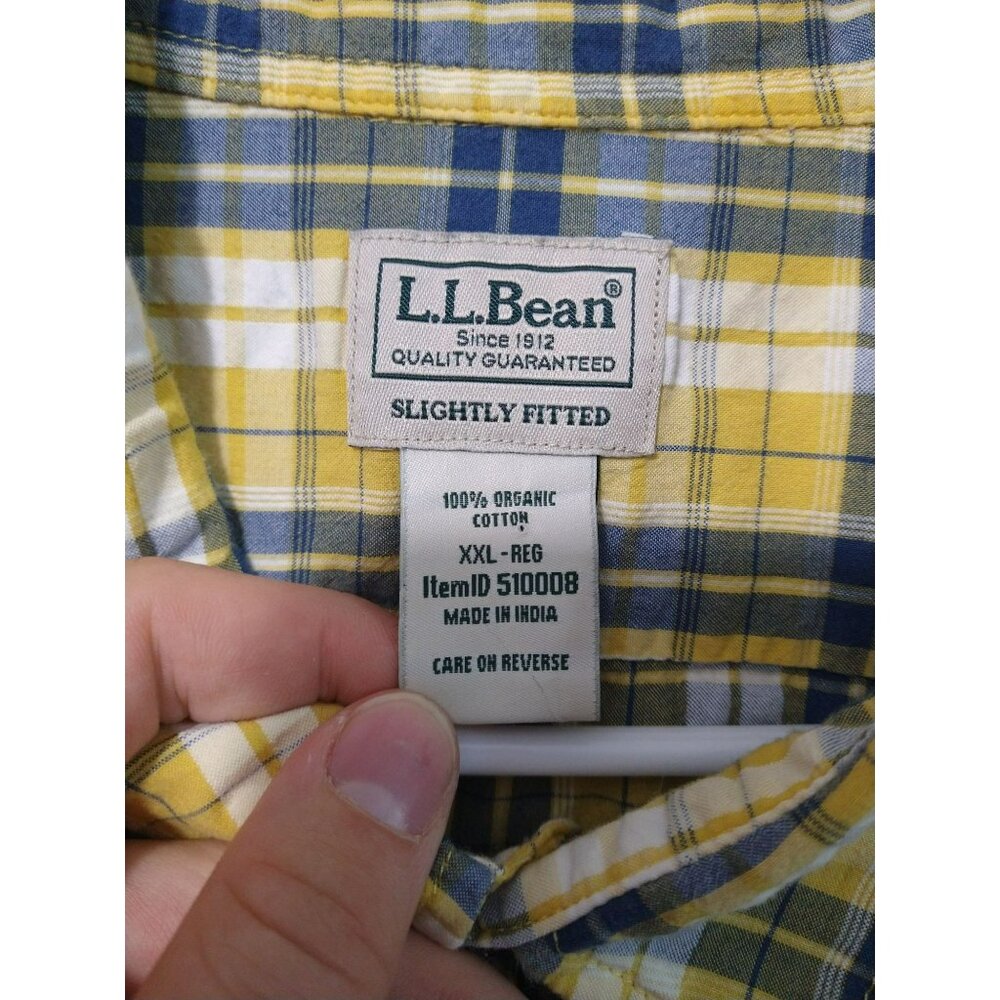 LL Bean Shirt Mens 2XL Yellow Plaid Seersucker Organic Cotton Slightly Fitted - Picture 5 of 6
